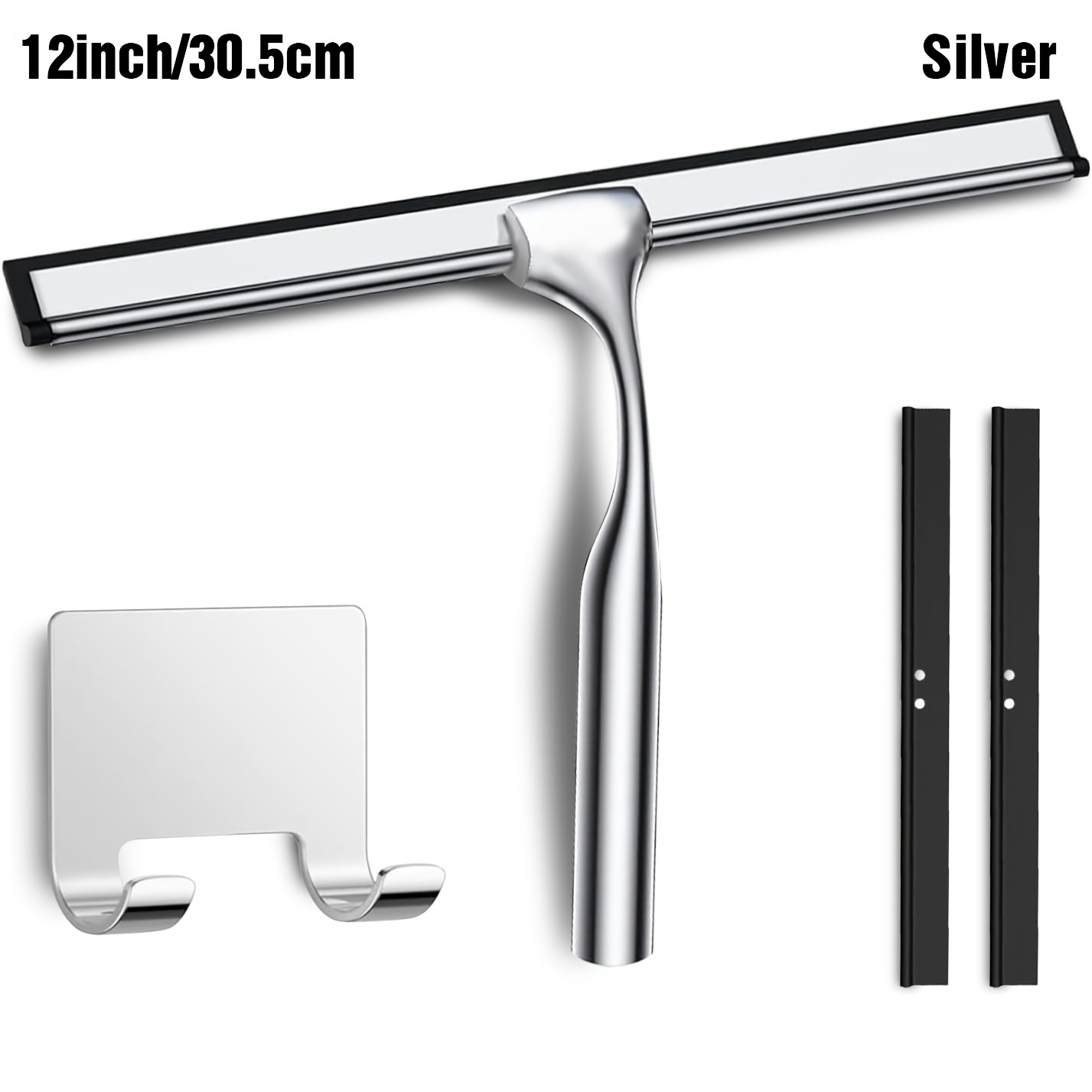 TEMU Shower Squeegee For Glass Door 12-inch Stainless Steel Bathroom Squeegee Window Wiper, Includes Adhesive Hook, And 2pcs Spare Blade For Window