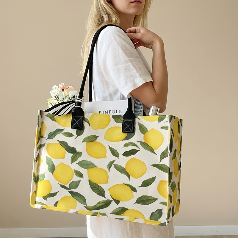 E-shop Zitronengrün Blattmuster 2D Bedruckte Tragetasche, Damen Geschenk Handtasche Strandtasche, Große Einkaufstasche für Damen Herren