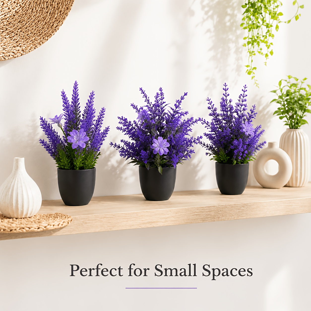 TEMU 3 pièces de plantes en pot de lavande artificielle à bordure de fleurs violet avec pots de fleurs noirs, décoration de fleurs artificielles