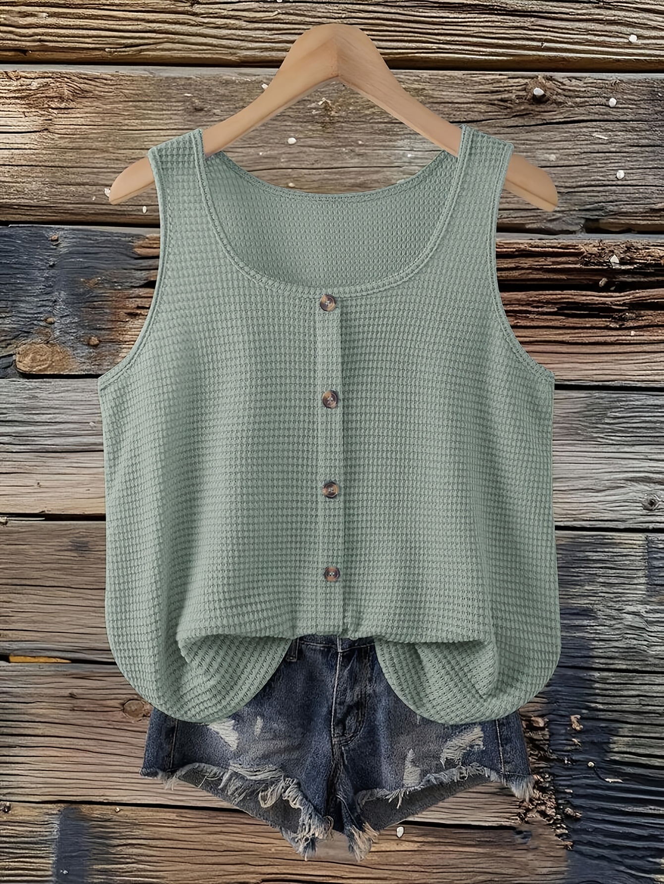 Plus Size, Plus-size Women's Summer Top, Apricot Striped Button-detail Sleeveless Vest, Ideal for Beach and Vacation, Bohemian-style Summer Casual Wear, Western-style Plus-size T-shirt