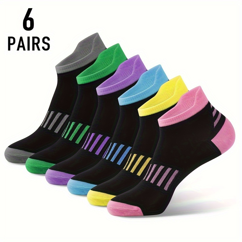 

6 paires de chaussettes athlétiques courtes et confortables en polyester avec des rayures colorées pour les tenues décontractées et , 95 % polyester et 5 % élasthanne, tissu tricoté, unisexe.