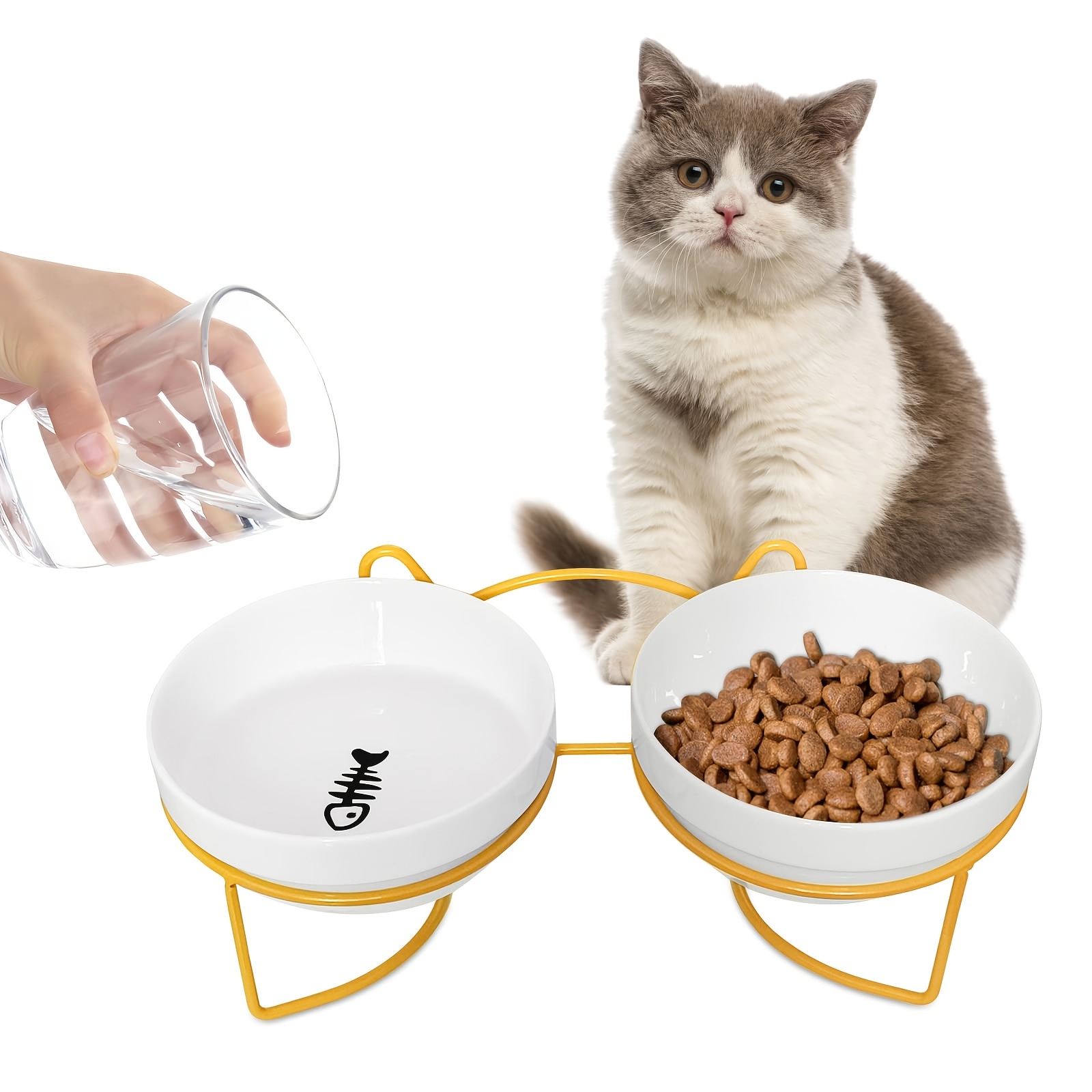 Image of 2 Ceramic Elevated Bowls For Cats, Double Bowl Design With Tilted Stand For Food And Water