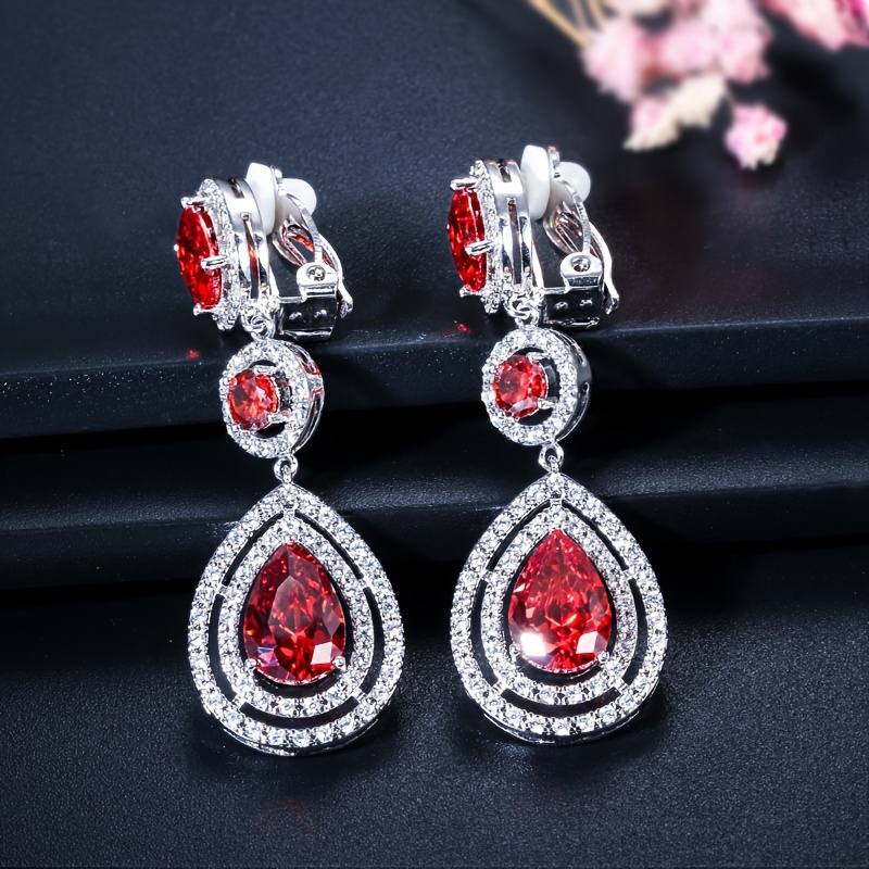 

1 Pair Of Luxury Red And White Synthetic Zirconia Pavé Inlaid Silvery Round Water Drop Pendant Earring Studs For Women, No-hole Earrings Suitable For Evening Parties