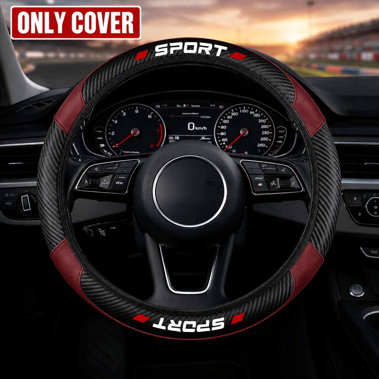 TEMU 1pc Sport Faux Leather Car Steering Wheel Cover, Carbon Fiber Faux Leather, Non-slip And Breathable Grip, Sport Style, Universal Fit -15 Inch,