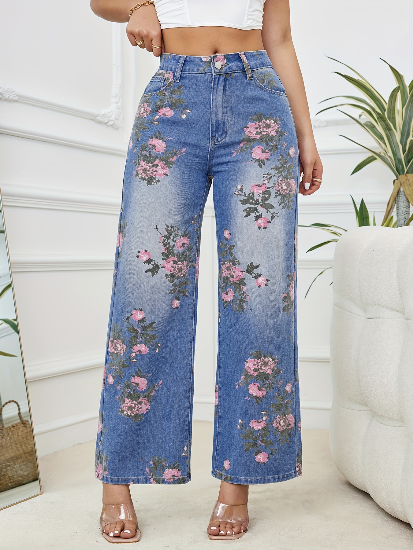 Womens High Waist Baggy Straight Leg Jeans Fashion Flower Print