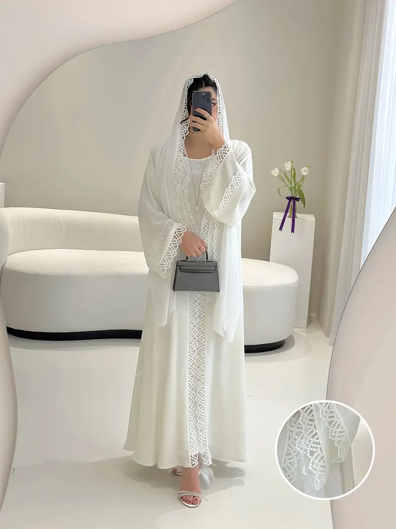 2pcs Set with Lace Trim Muslim Kaftan Plus Sleeveless Vest Skirt