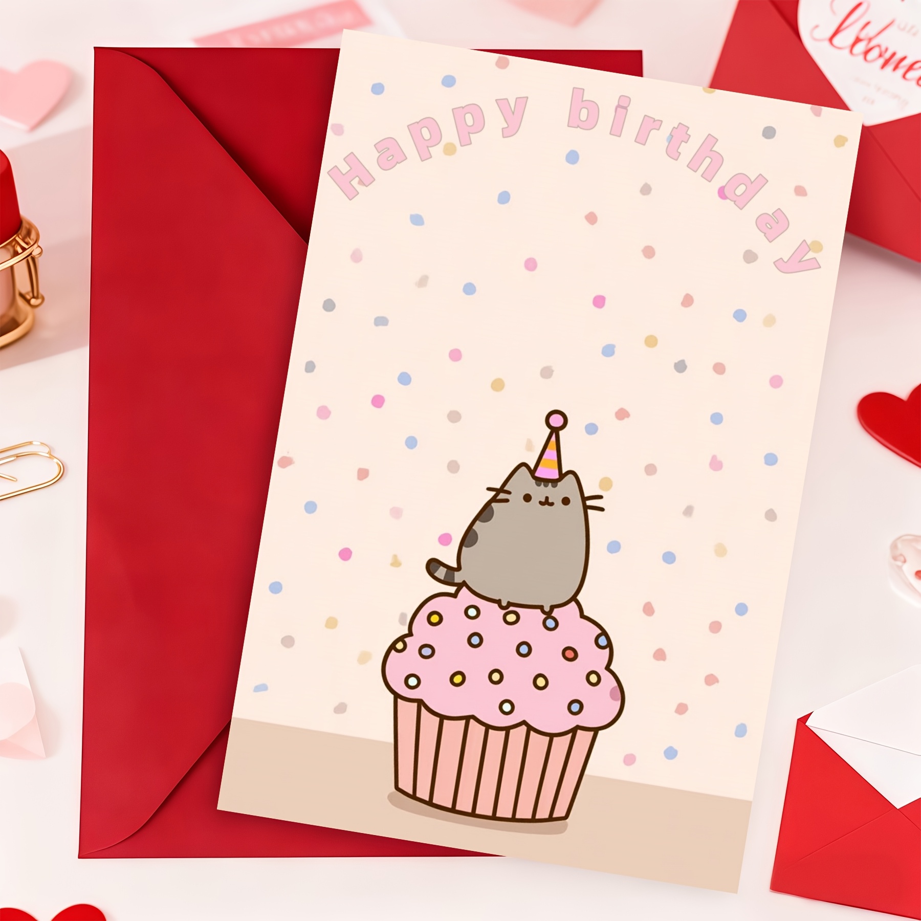 TEMU Cupcake Chubby Cat Confetti Minimal Birthday Greeting Card, Soft Cute Cartoon Layout, Versatile Neutral Casual Everyday Birthday Card