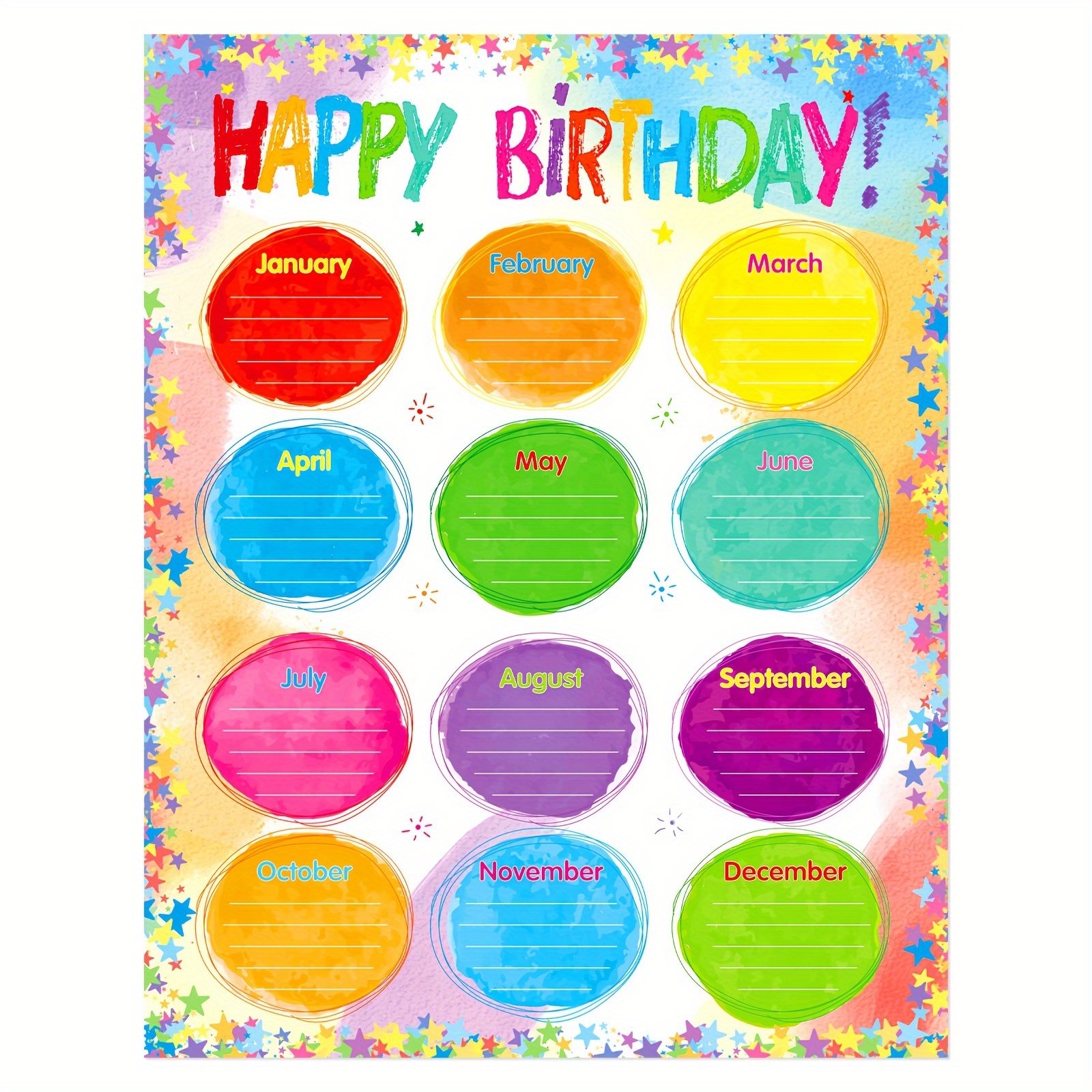 

2-piece Watercolor Happy Birthday Posters With Glue Dots - Perfect For Classroom Calendar, Bulletin Board & Chalkboard Decor | 17" X 22" | Teacher Supplies