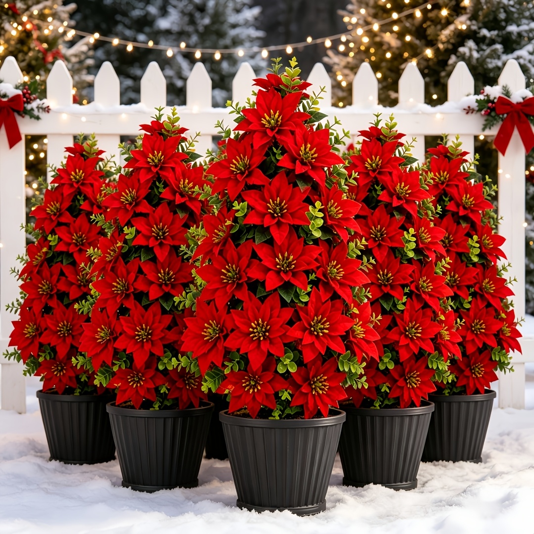 2pcs christmas artificial red poinsettia tabletop floral arrangement   flower decor outdoor courtyard garden lawn porch potted floral arrangement christmas holiday decoration artificial green plant floral arrangement ornaments