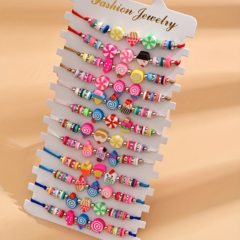 

12pcs Cute Adjustable Clay Beaded Bracelets, Assorted Colorful Candy Themed Hand-woven Jewelry, Fashion Daily & Holiday Style Accessory