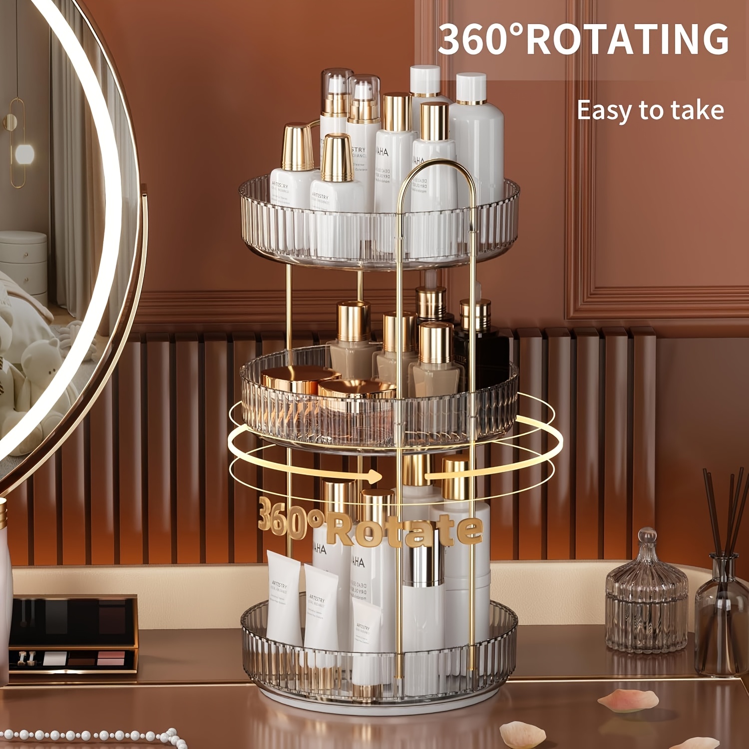 TEMU 1pc Dresser 360 Swivel Makeup Organizer, 3 Tier Bathroom Countertop Organizer, Swivelperfume Organizer, Large Capacity Cosmetic And Skincare Dresser Makeup Rack.