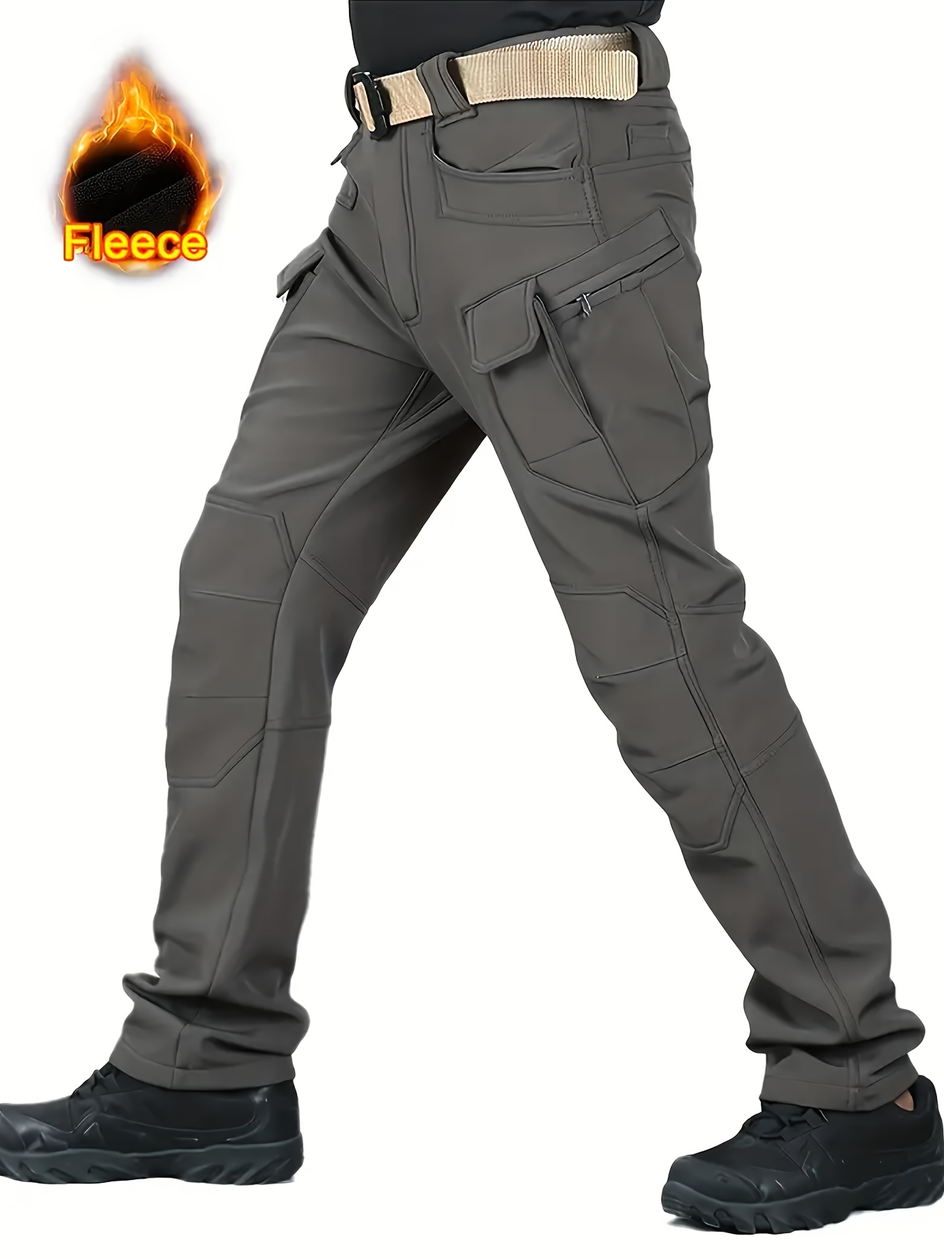 mens olive green windproof soft shell pants with fleece lining multi pocket polyester spandex blend for hiking cycling weatherresistant pants regular fit pants softshell hiking gear details 10