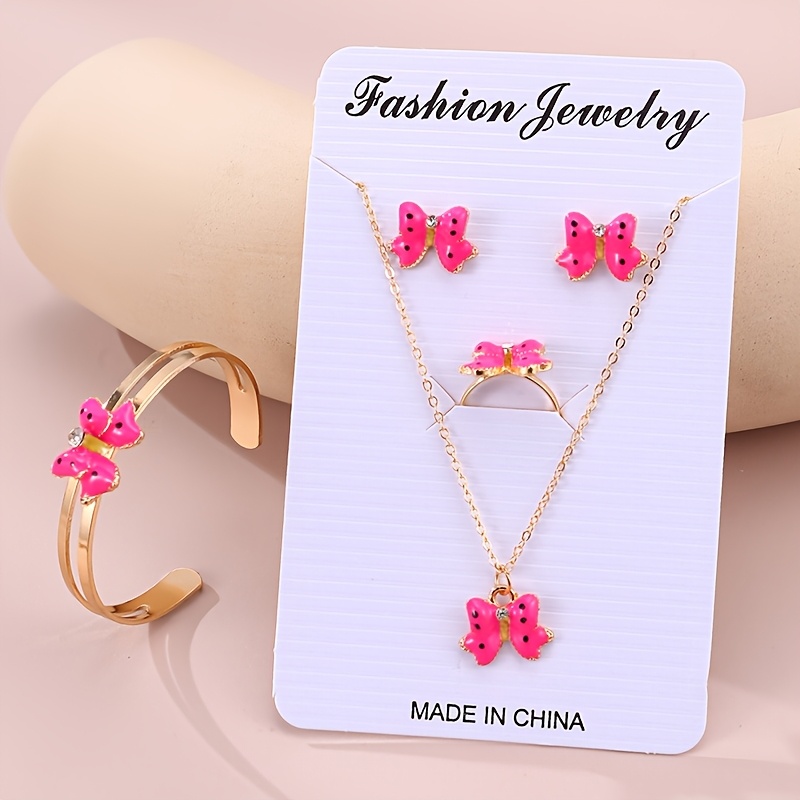 TEMU Set de Joyería para Niñas: Collar con de , Pulsera, Anillo y Aretes con Moño de para , 5 piezas