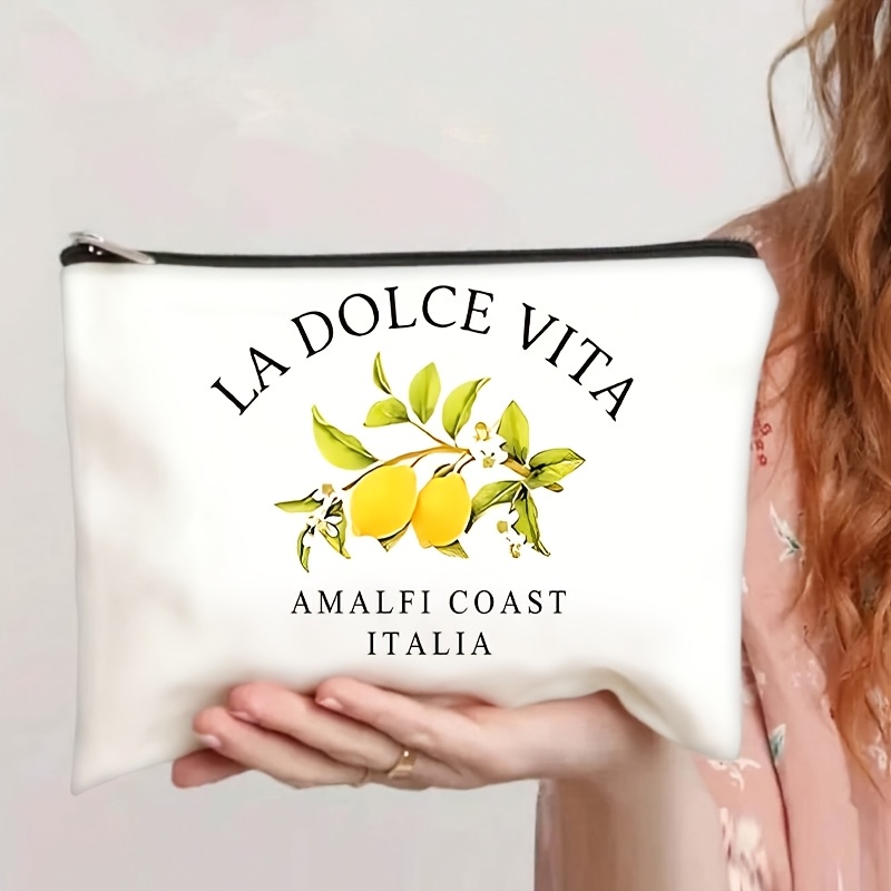 TEMU "la Vita Amalfi " Italian Lemon Print Makeup Bag - Portable Zipper Clutch Suitable For Italy Lovers, Travel Cosmetic Pouch With Amalfi , Compact