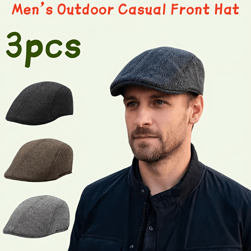 TEMU 3pcs Outdoor Casual Herringbone Beret, Solid Color Peaked Newsboy ,