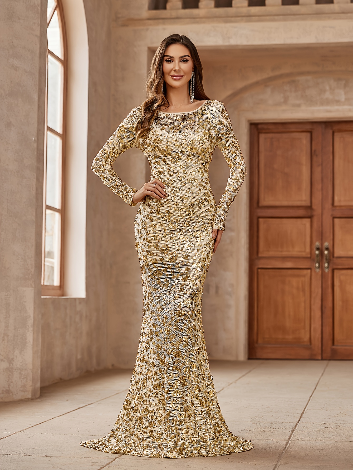 gold long sleeve backless dress Lace Mermaid V-neck Long Sleeves Wedding Dresses, MW892 main image 1
