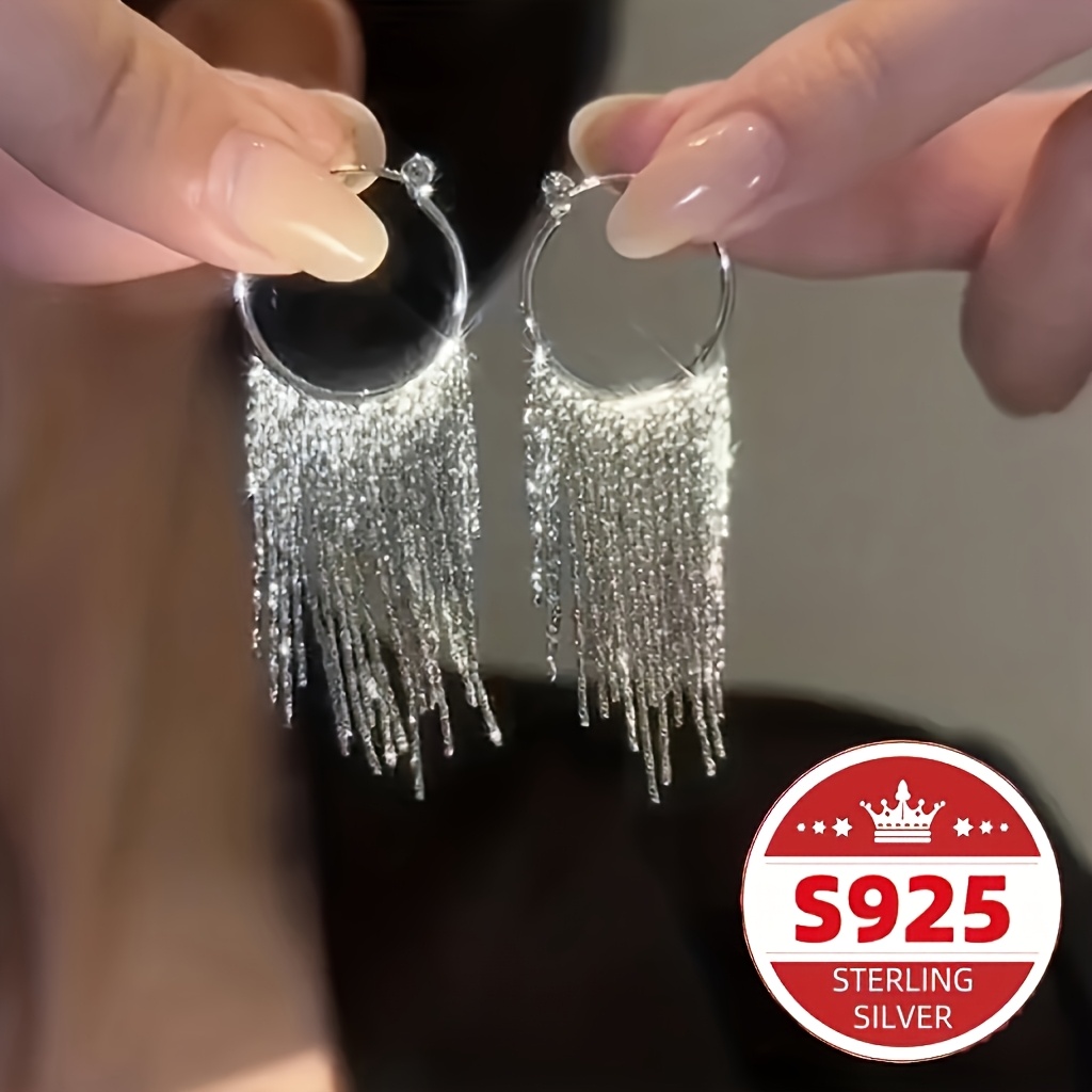 TEMU S925 Sterling Silvery, Women's Earrings, Tassel Design Pendant Earrings, Elegant And Jewelry, Exquisite Women's Jewelry, A Must-have For, For