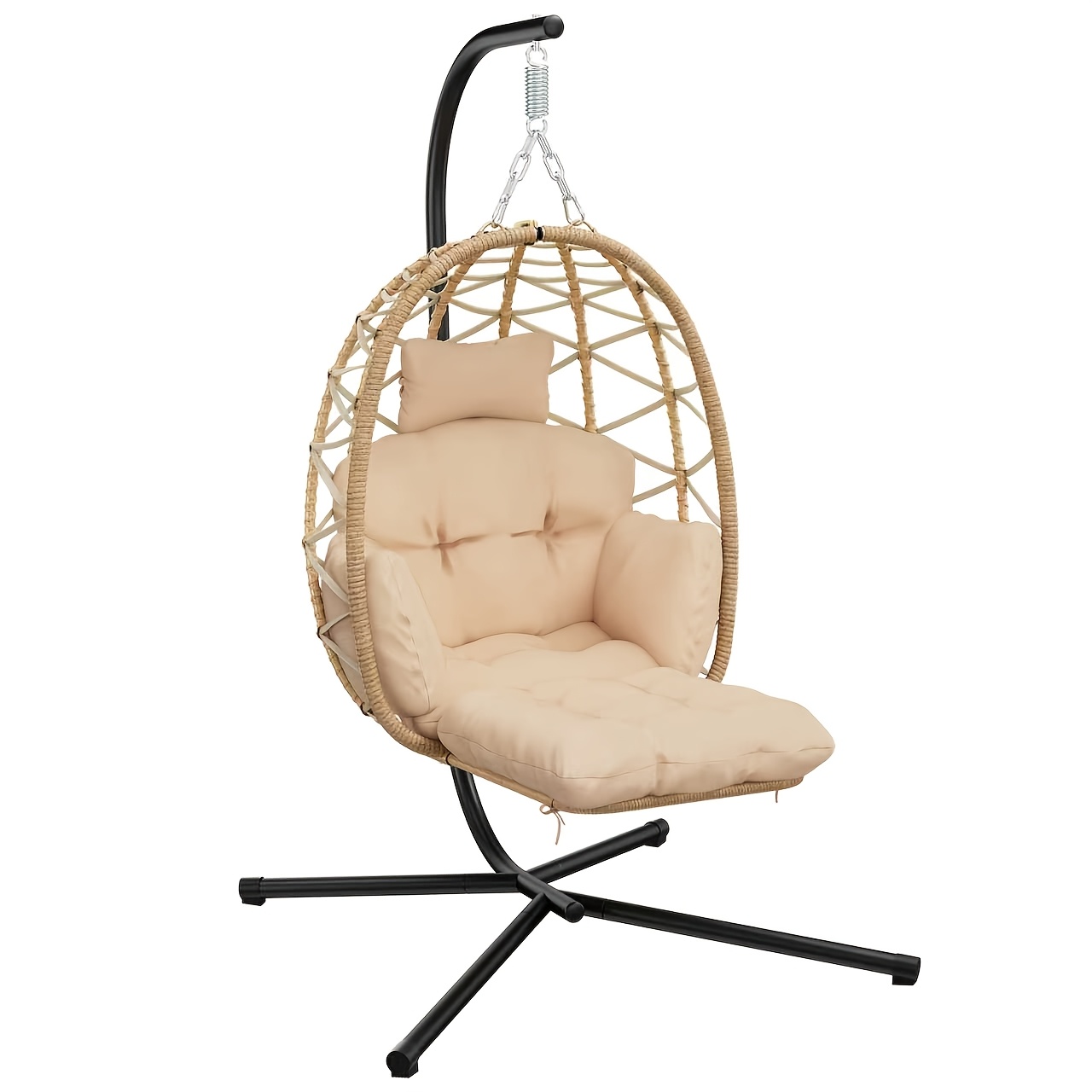 Oval Hanging Chair With Frame, Foldable Hanging Swing With Cup Holder, Removable Washable Seat, Hammock, Swing Chair For Patio, Garden, Yellow