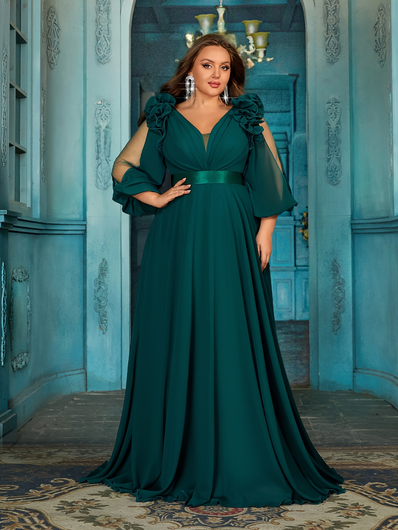 Plus Size Women'S V Neck Solid Color Minimalist Everyday Chiffon Formal  Dress Elegant Evening Prom Wedding Guest Gown, For Graduation, Dinner