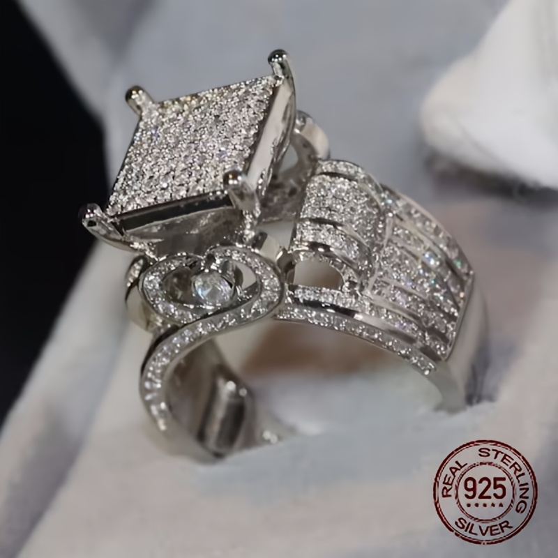 Exaggerated 925 Sterling Silver Ring Full White Synthetic Zirconia Engagement Jewelry for Women Valentine's Day Gift