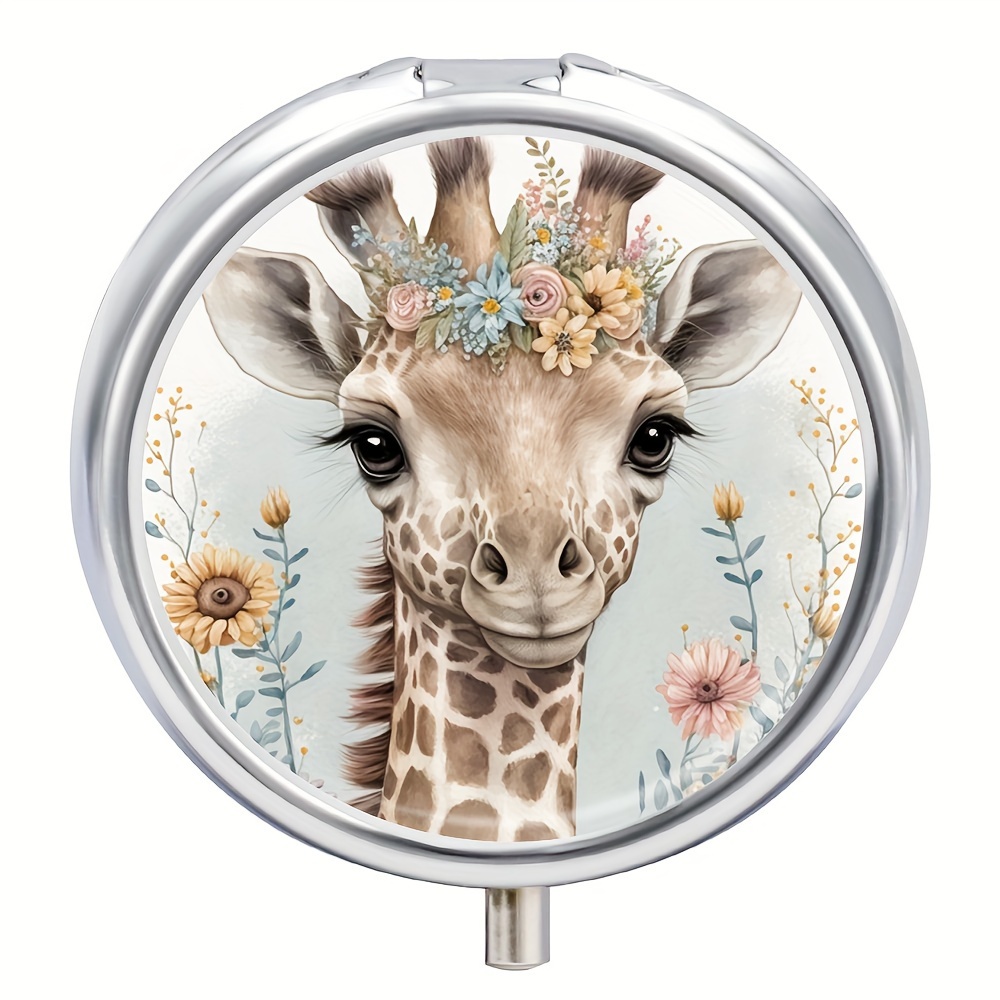 

1pc Giraffe Floral Round Pill Box, Household Portable Medicine Storage Box, 3-grid Sub-packaging Medicine Box, For Outdoor Travel & Office Organizer