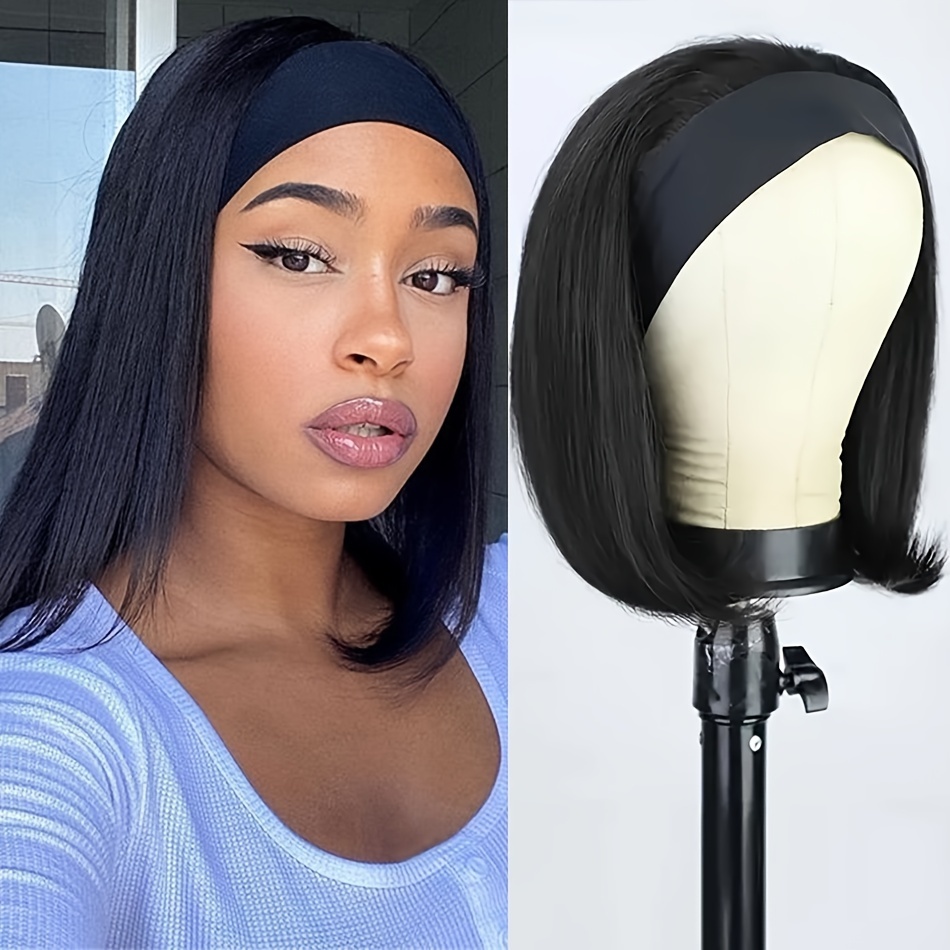 

Short Bob Wigs Straight Headband Wig Human Hair For Women Glueless None Lace Front Wigs Full Machine Made 180% Density Headband Wig With Bands For Daily Party Use Black Color