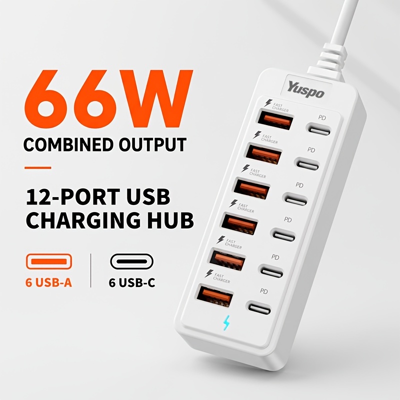 TEMU Yuspo Chargeur Rapide 66W à 12 Ports, 6 Ports USB et 6 Ports de Charge Rapide Type-C PD, Supportant Type-C /Multi-Sortie pour une Charge Rapide,