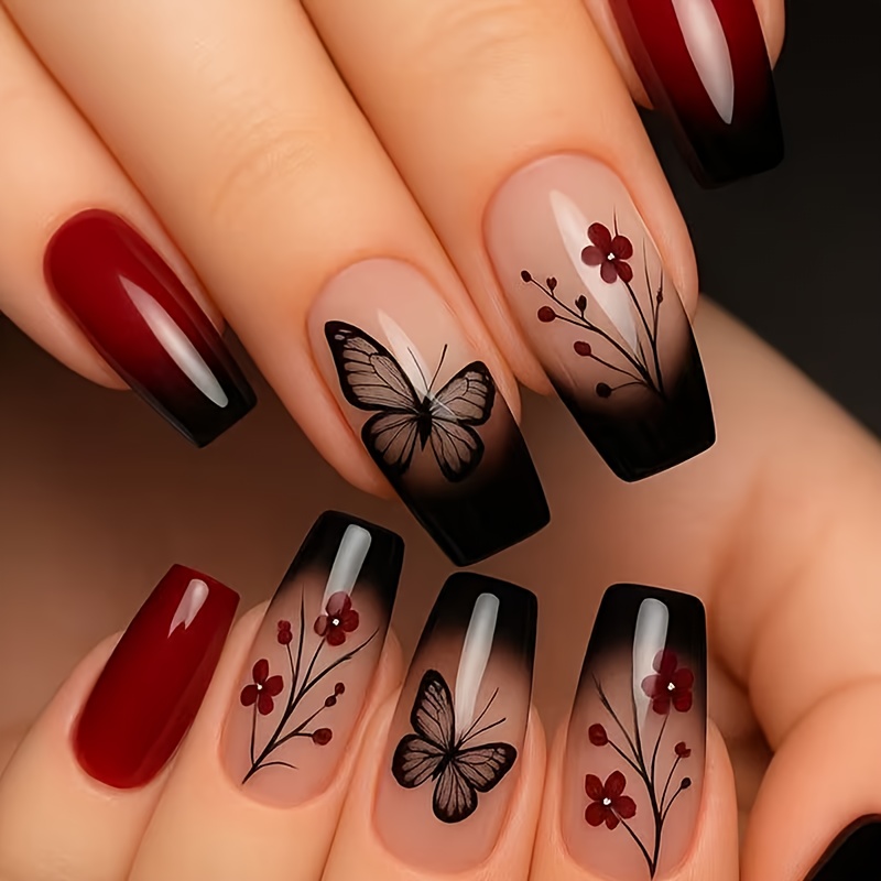 TEMU 24pcs Women's Fake Nail Set, Red And Black Square Long Style With Red-black Gradient, , Branch, And Flower Designs, Stiletto Tip Press-on Nails