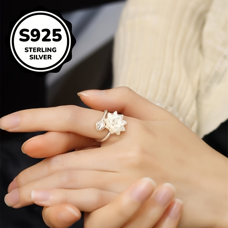 925 Silver Lotus Ring — Adjustable High-End Gift