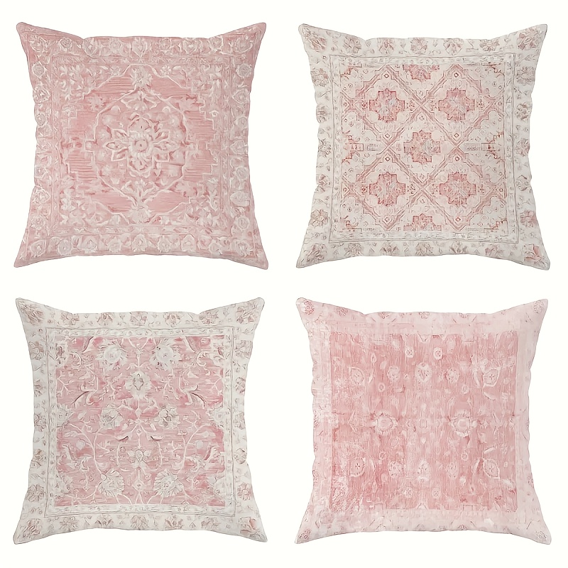 TEMU 4pcs Of Vibrant Pillow Covers Featuring A Persian Bohemian Style With A Single-sided Short Plush, Retro In Light Pink. Decorative Pillow Covers
