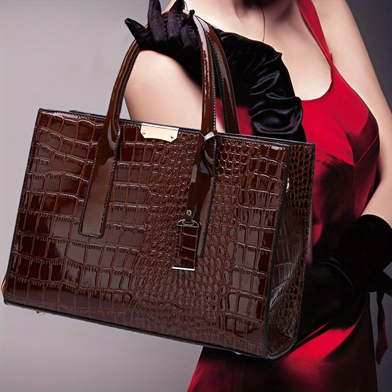 

Elegant Large Capacity Crocodile Pattern Tote Bag For Women - Brown Leather, Shoulder & Crossbody Carry, Travel & Gifts