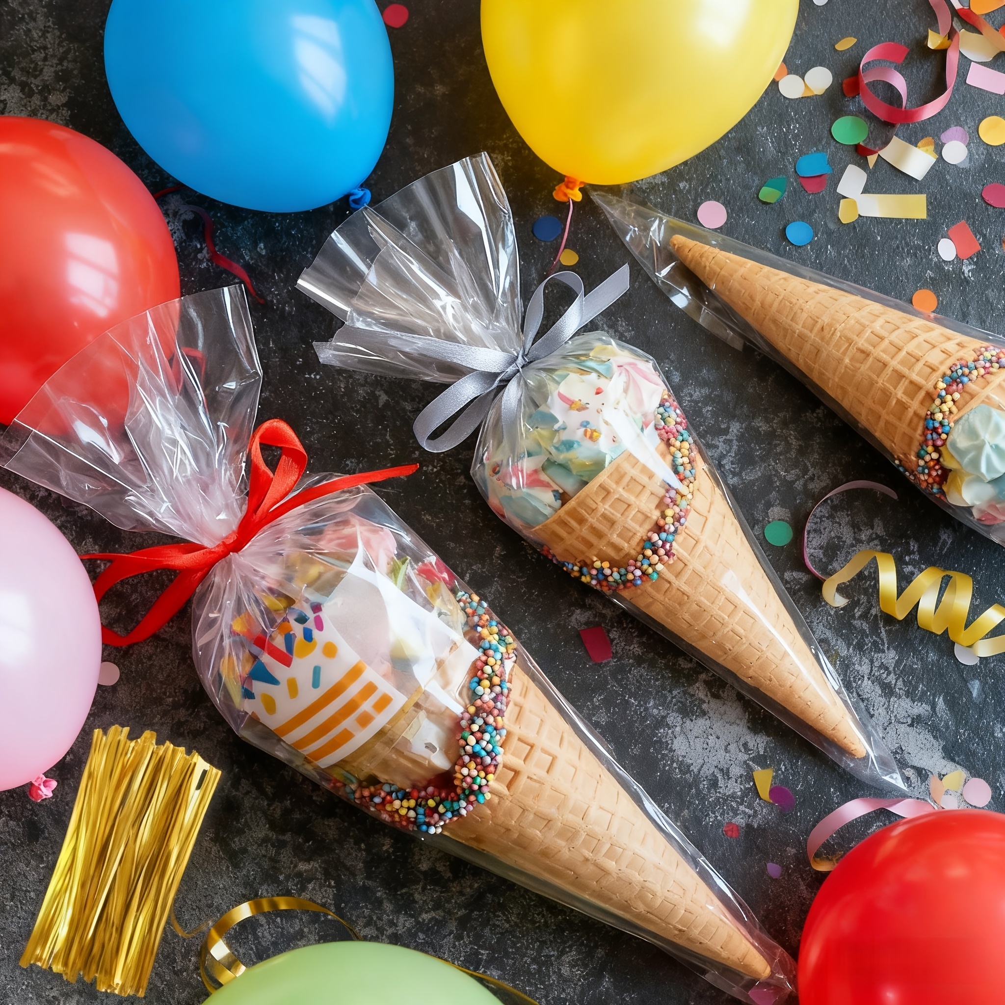 TEMU 50pcs Cone Treat Bags, 8*15 Inches, Clear Cellophane, With Twist Ties, For Treats, Popcorn, Candy, For Christmas Party Favors, Wedding