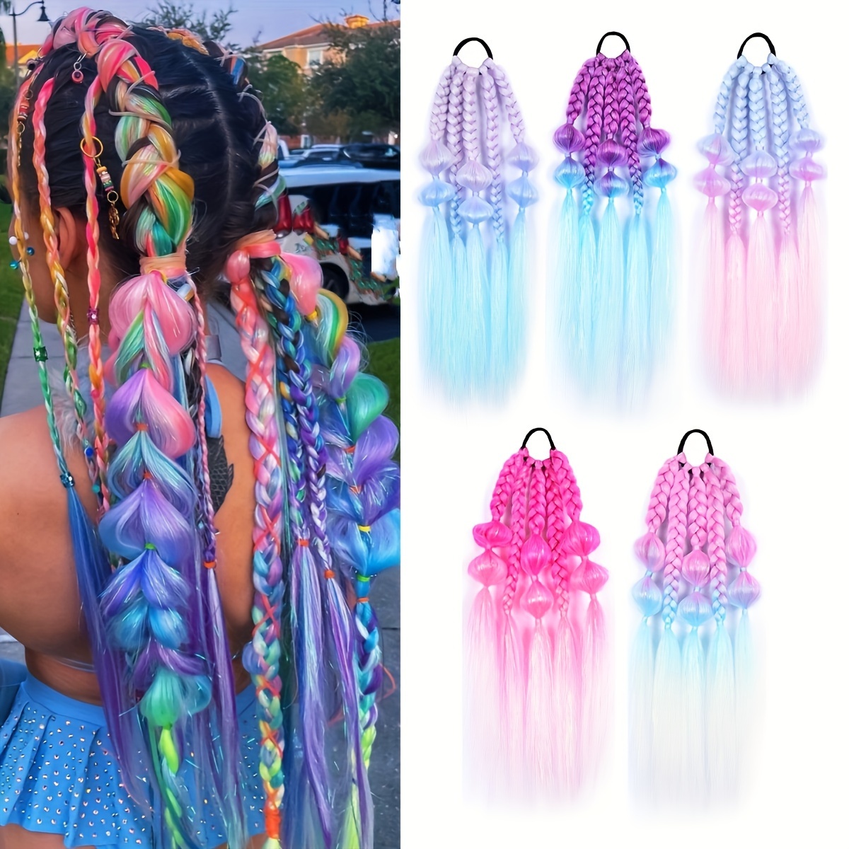 

Colored Braids Hair Extensions With Hair Tie, Colorful Braided Synthetic Hairpieces For Braiding Hair Ponytail Hair Accessories For Women Party Dress Up Party Highlights For Music Festival