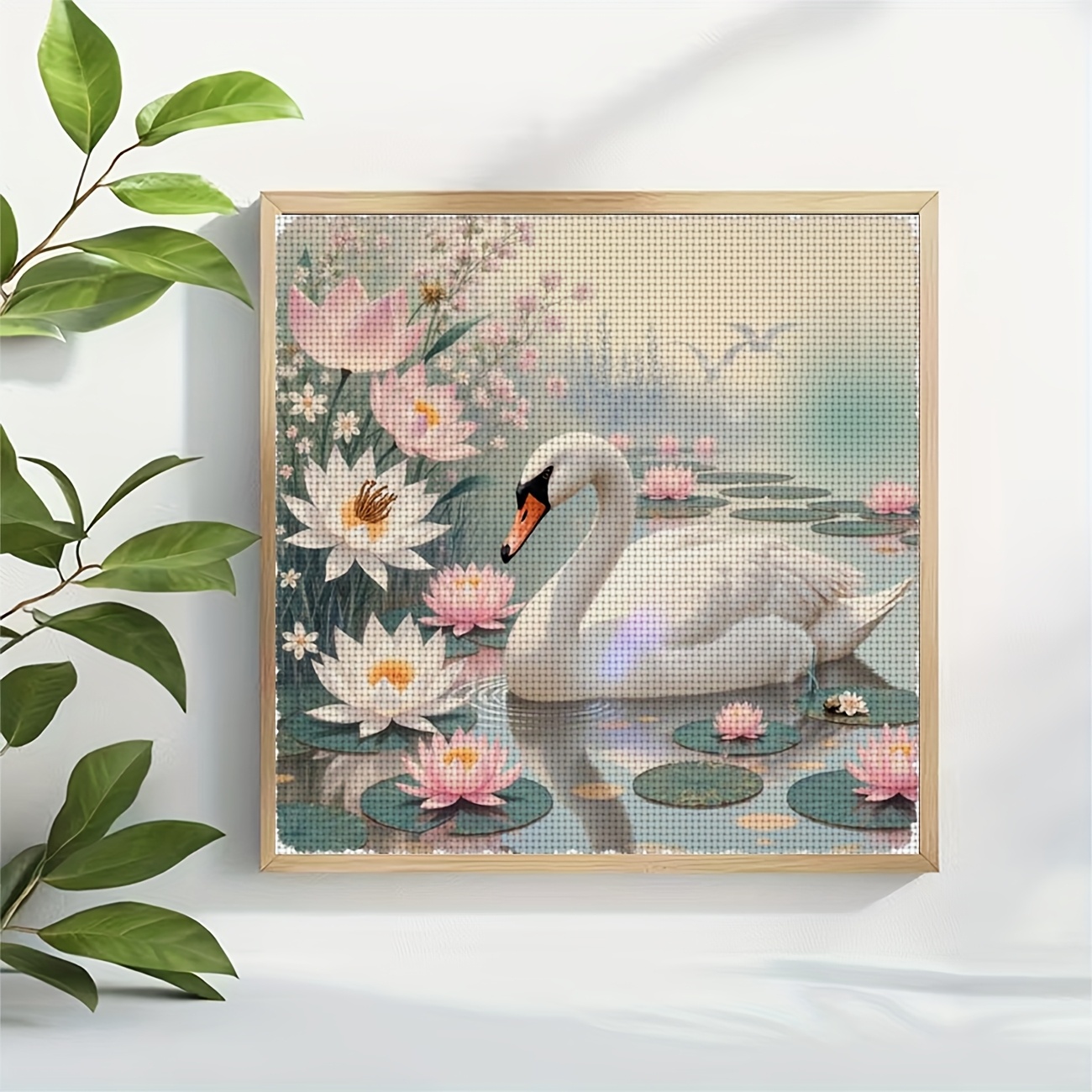 Swan & Lotus Cross Stitch Kit for Beginners with Pre-Printed Canvas