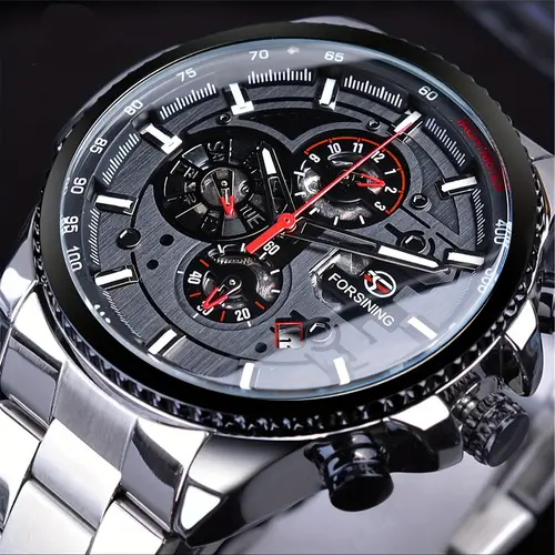 1pc mens mechanical watch stainless steel self winding automatic movement chronograph with date display tachymeter dial elegant professional watch for office formal events formal