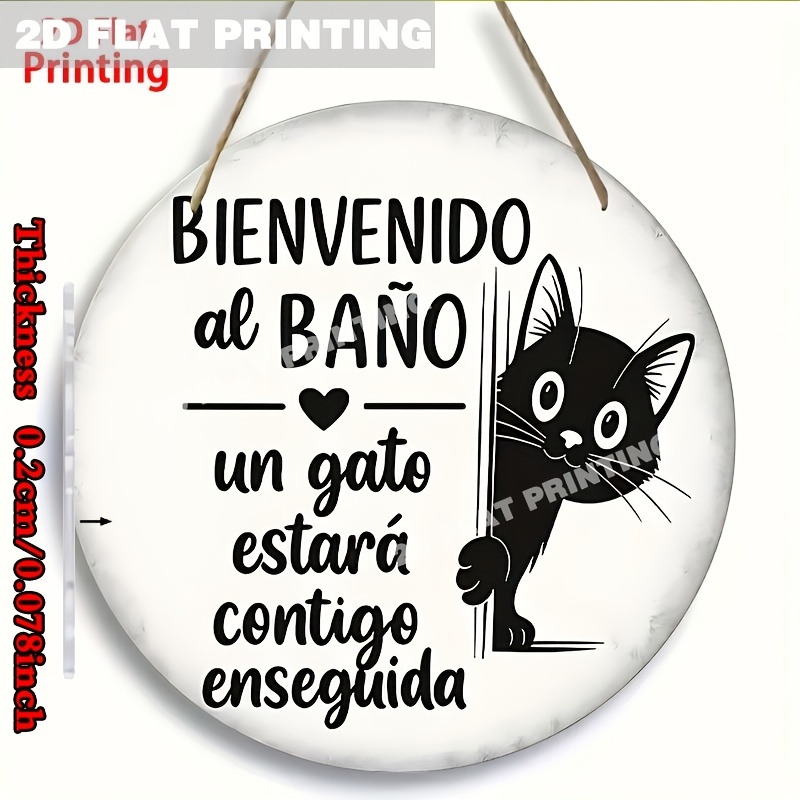 TEMU 2D - [1 pieza] Decoración de pared con texto " al baño, un gato te acompañará" para impresión 2D - Detalles de silueta de gato y negro, letrero