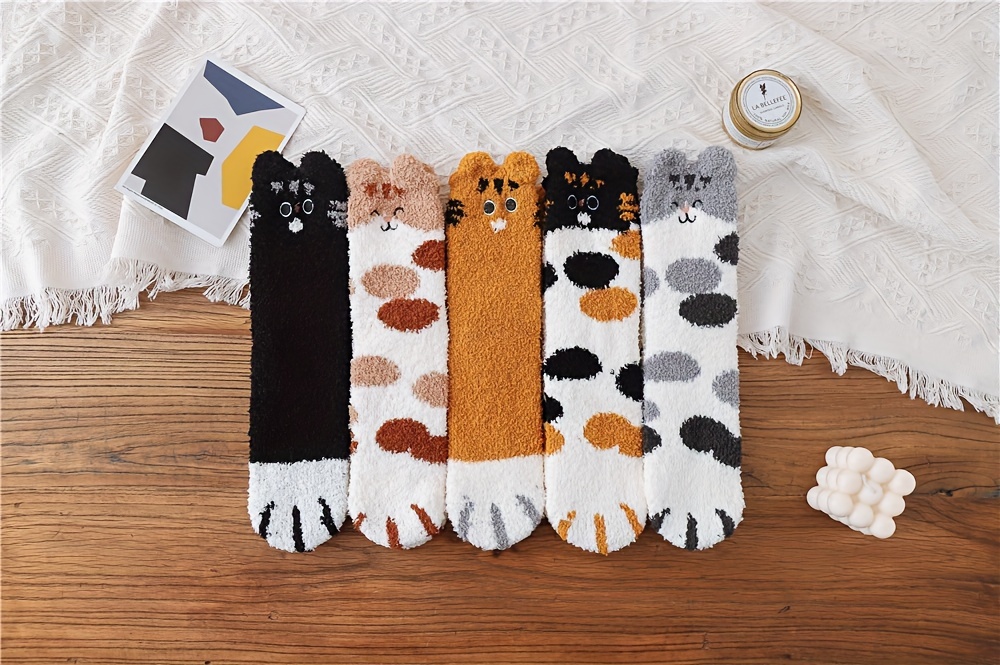 awesome 5 Pairs Women'S Slippers Socks | Coral Fleece Knee-length Socks with Cartoon Cat Paw Design, Plush and Fluffy for Winter 11 5 Pairs Women'S Slippers Socks | Coral Fleece Knee-length Socks with Cartoon Cat Paw Design, Plush and Fluffy for Winter
