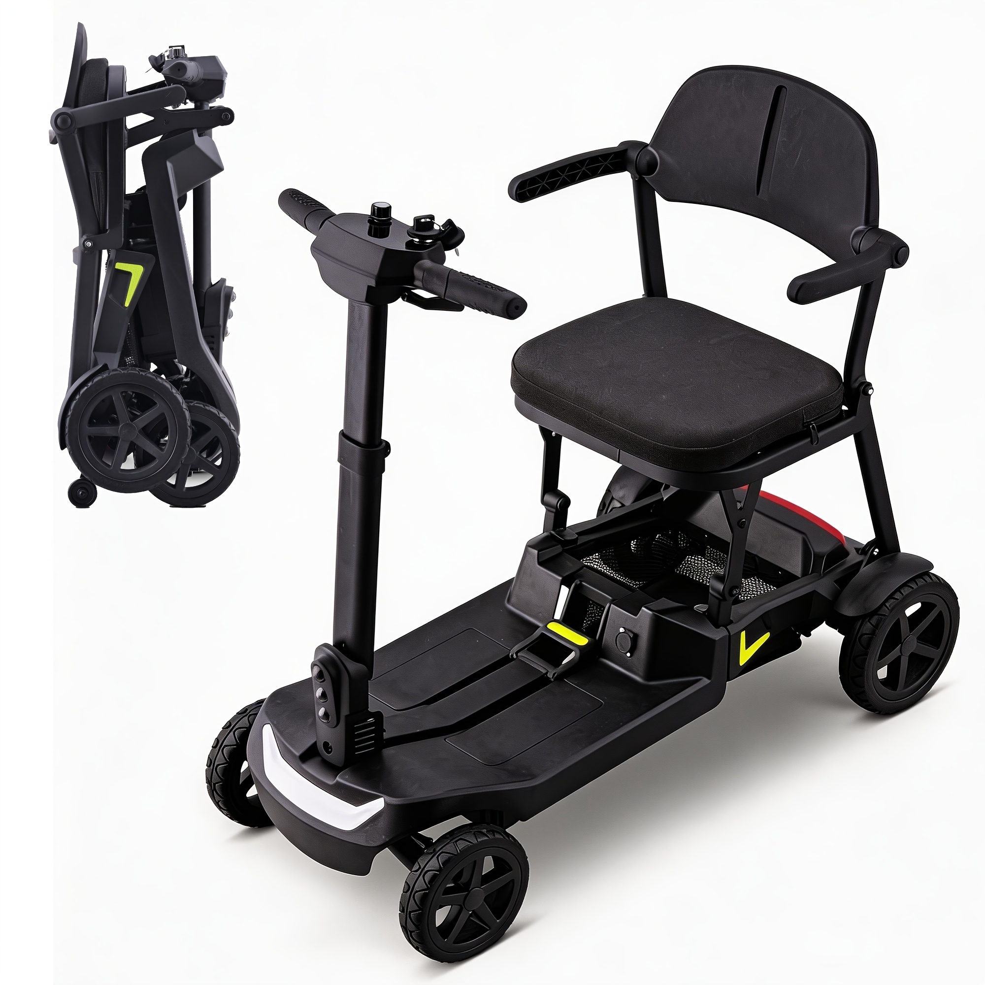 a lightweight foldable four wheeled electric mobility scooter suitable for seniors and adults   with dual removable batteries meeting air travel   offering a long range and a   of 5 mph Product details 1