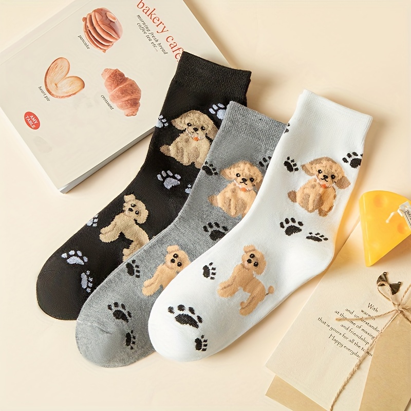 

3 Pairs Women's Knee-length Cartoon Dog Paw Print Socks, Polyester 95% Spandex 5% Knit Fabric, Trendy Casual Mid-calf Socks For Autumn/winter, Hand Washable