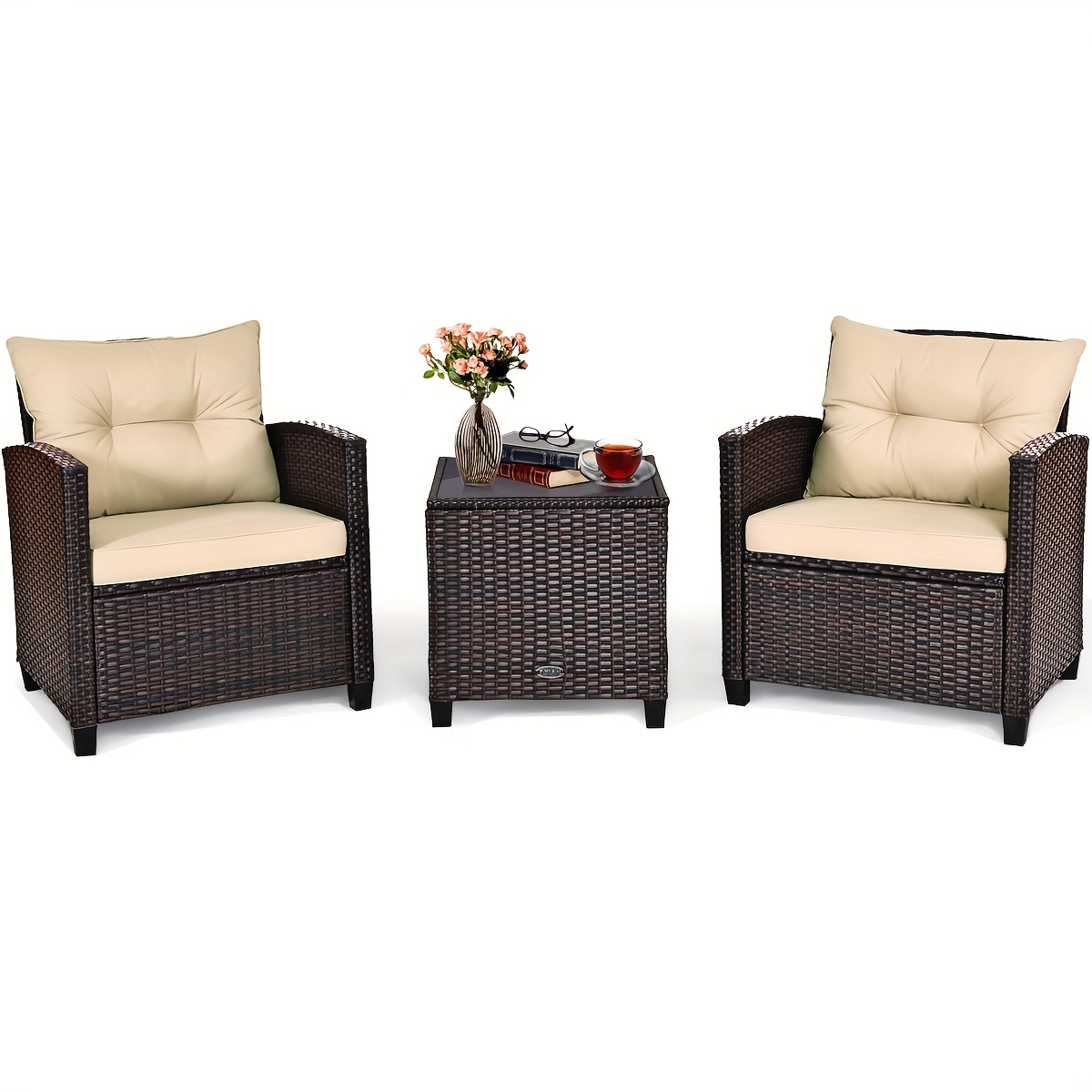 TEMU Tangkula Ensemble de 3 pièces de mobilier de jardin en rotin avec coussins, canapé et table basse, couleur blanc cassé