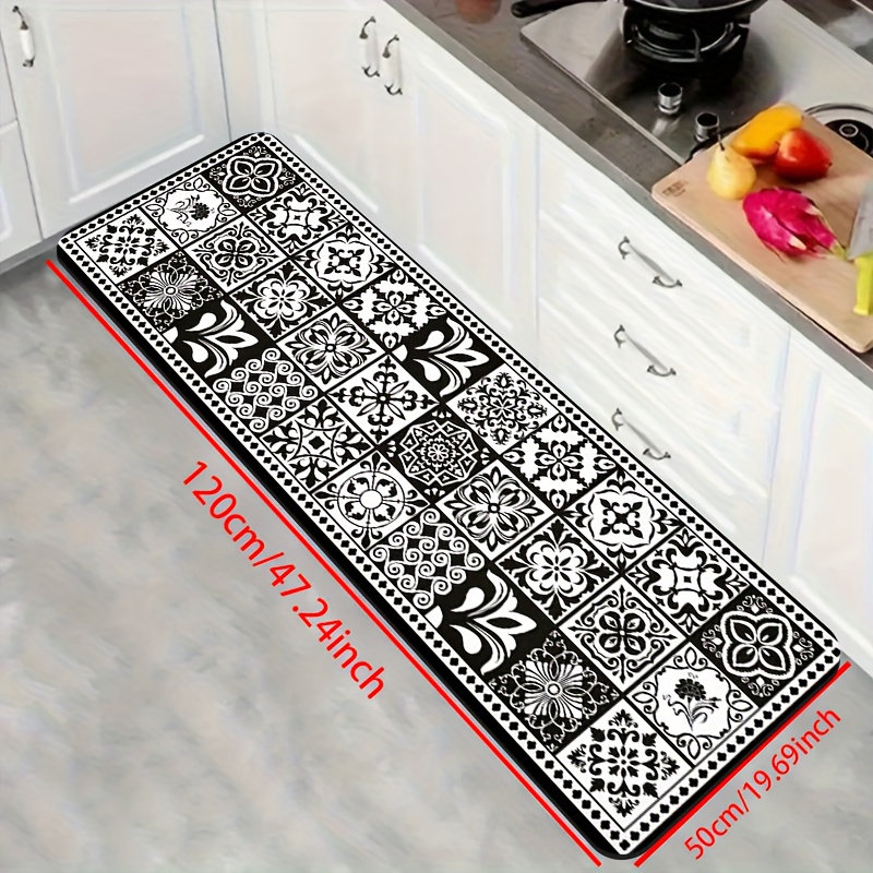TEMU 1pc Non-slip Floor Mat - Black And White Floral Mat With Elegant Patterns, Durable Kitchen Bathroom Entryway Mat For Living Room, Laundry - Easy