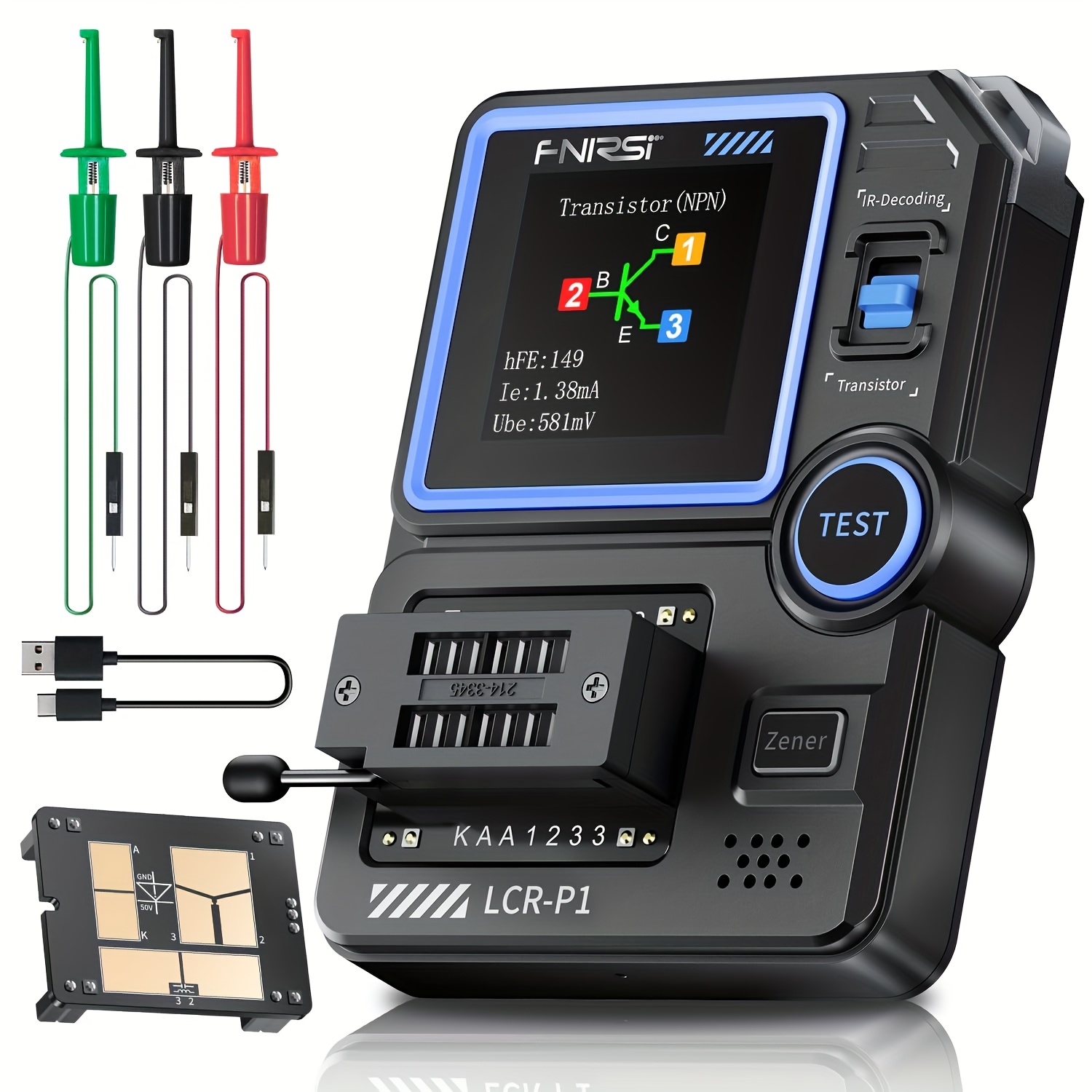 Probador electrónico portátil FNIRSI LCR-P1 para capacitores, resistencias y diodos - Multifuncional para voltaje AC/DC, corriente y continuidad, alimentación por USB/batería, voltaje de operación ≤36V, diseño en plástico duradero, probador para smartphones