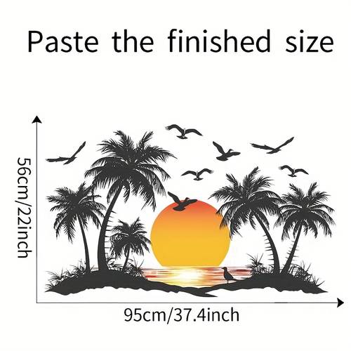 tropischer sonnenuntergang strand wandsticker - selbstklebende pvc-aufkleber mit palmen, möwen & lebendigem orangefarbenen sonnenuntergang - einfach anzuwenden & zu entfernen - für wohnzimmer oder schlafzimmer dekoration, strandthemen dekoration