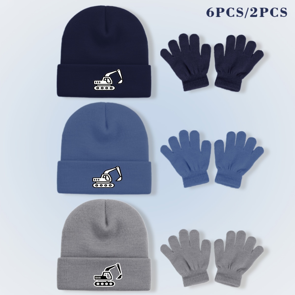 Image of 6pcs/2pcs Knitted Hat And Glove Set With Excavator Pattern For , Warm And For Boys In Winter, Suitable For Autumn And Winter With Warm Use, Suitable As A Gift
