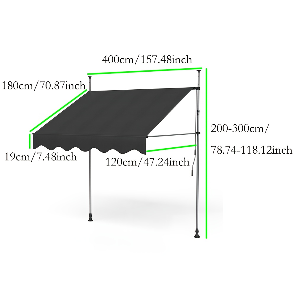 Image of 400x120cm Manual Crank Awning, Adjustable Balcony Shade, Clamp-on Sunshade Suitable For , Patios, And Gardens No Drilling Required Black