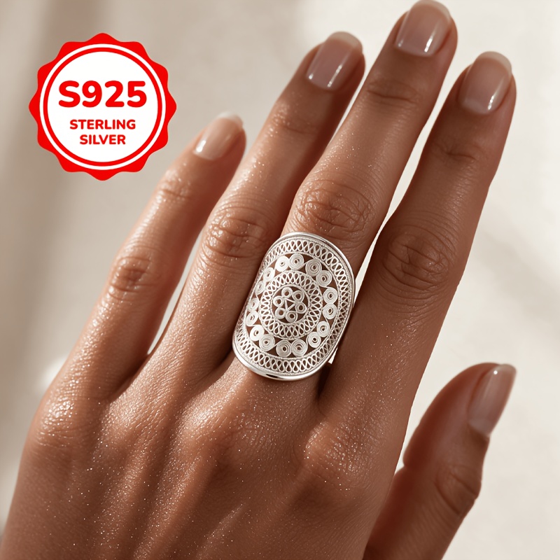 Women's 925 Sterling Silver Hollow Lace Flower Adjustable Ring