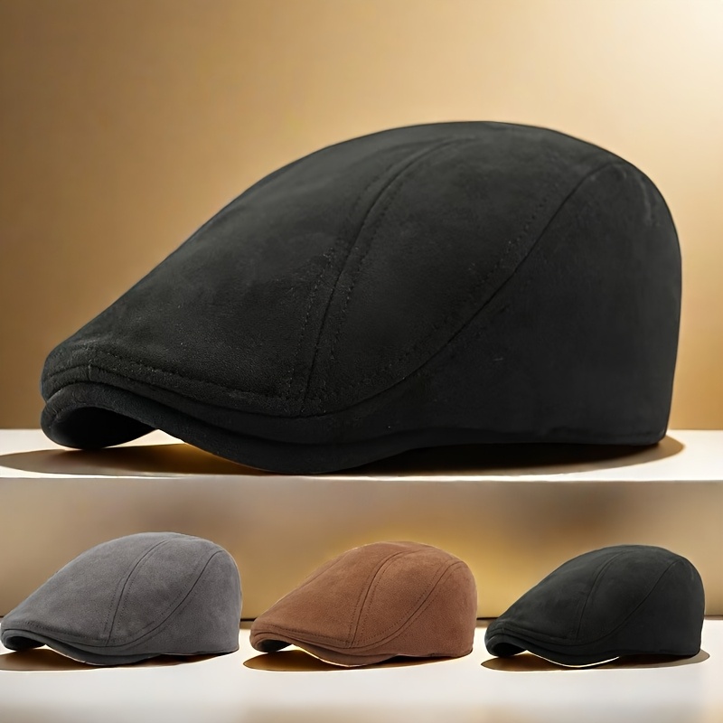 

Vintage-inspired Solid Color Suede Velvet Beret Cap, Unisex Casual British Warm Duckbill Hat, Lightweight, Fitted, With Toggle Closure, Woven Polyester For Spring/autumn, Outdoor,