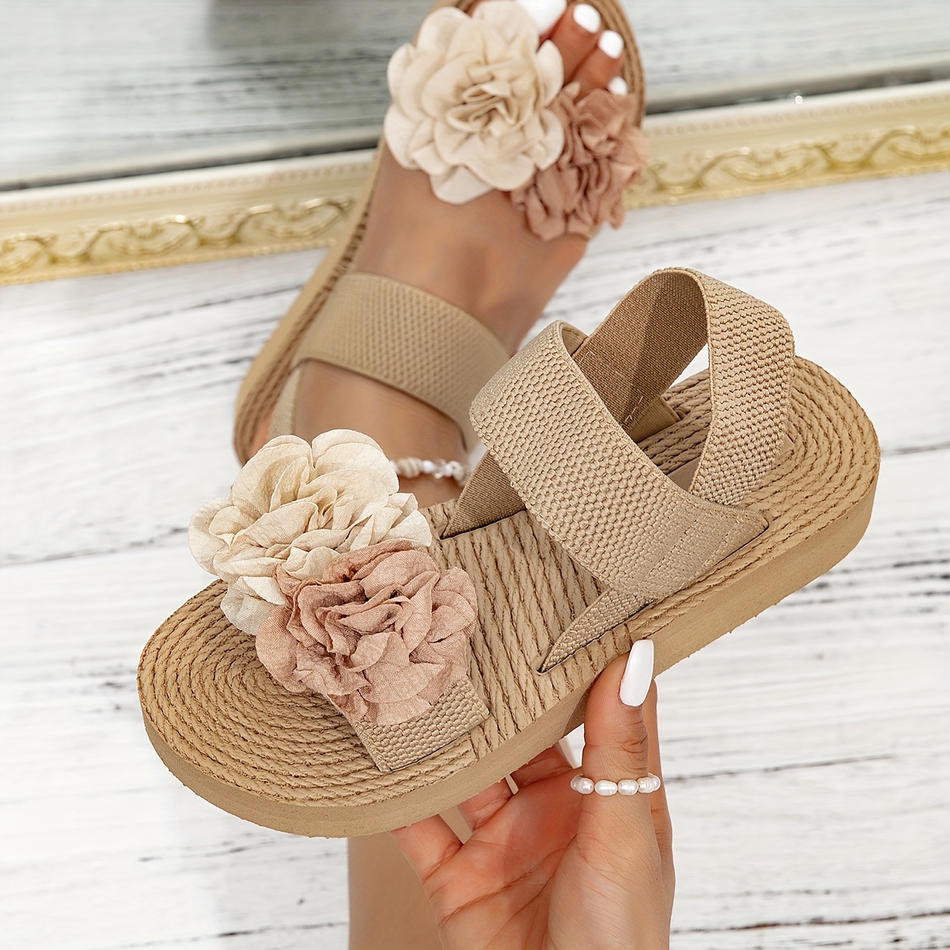 Image of Kashe Camellia Wheat Element Thick-soled Sandals, Style Outdoor Women's Casual Shoes, Fashionable Beach Sandals, Women Shoes Elegant Women Shoes Shoes
