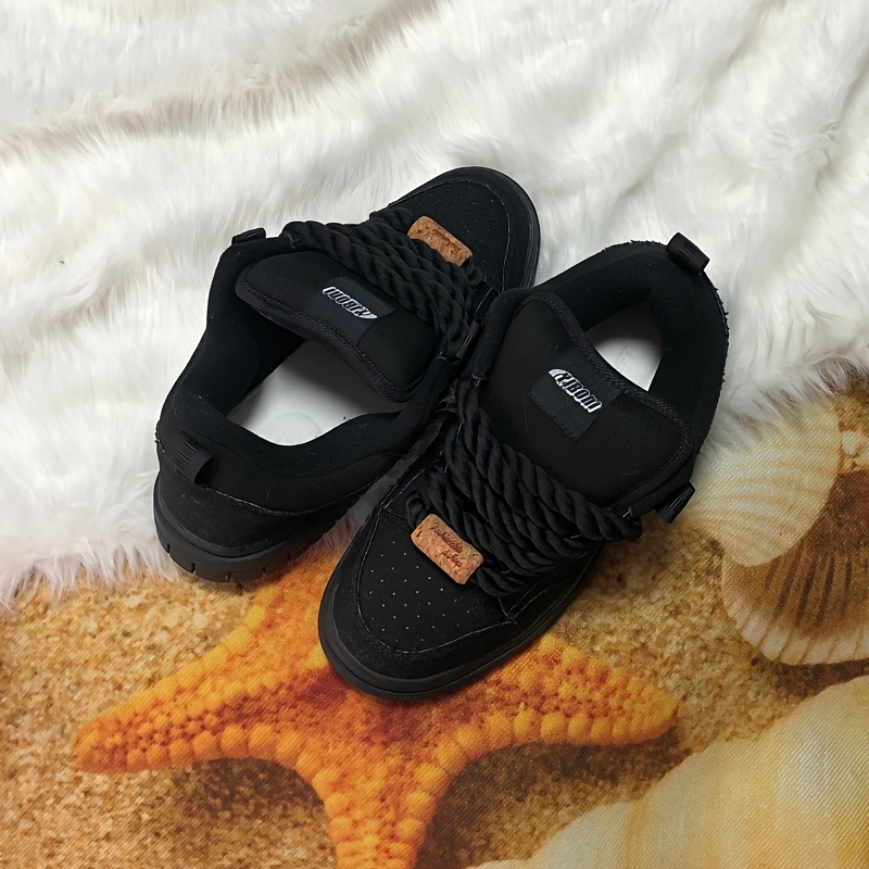 TEMU [Baskets] Chaussures de skate noires taille large, chaussures épaises à languette, style preppy grande taille, chaussures décontractées très
