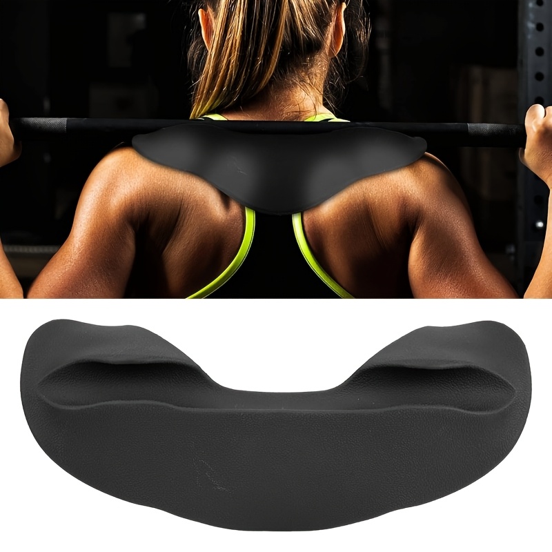 Person lifting weights with a barbell neck pad, followed by a close-up of the barbell neck pad on a white background.